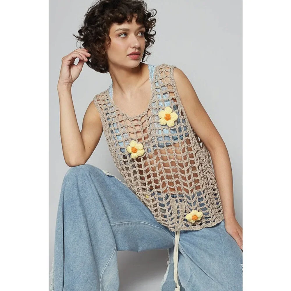 POL Flower Crochet Scoop Neck Sleeveless Knit Cover Up - Picture 1 of 5